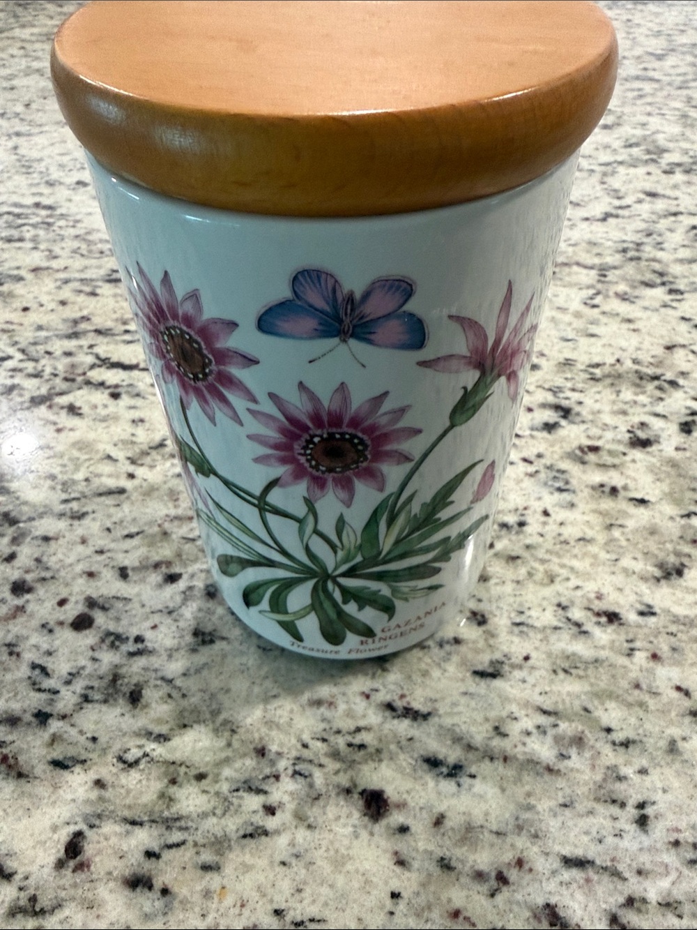 Portmeirion Floral Canister with Wood Lid - Pink, Blue, Green 7inch